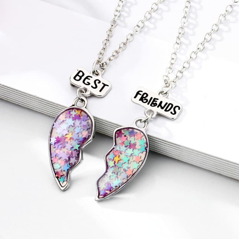 Best Friends Glitter Heart Necklace Set - Matching Star Pendant Jewelry for Girls & Teens