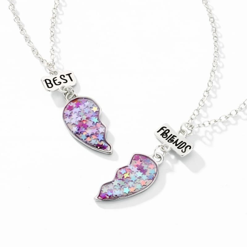 Best Friends Glitter Heart Necklace Set - Matching Star Pendant Jewelry for Girls & Teens
