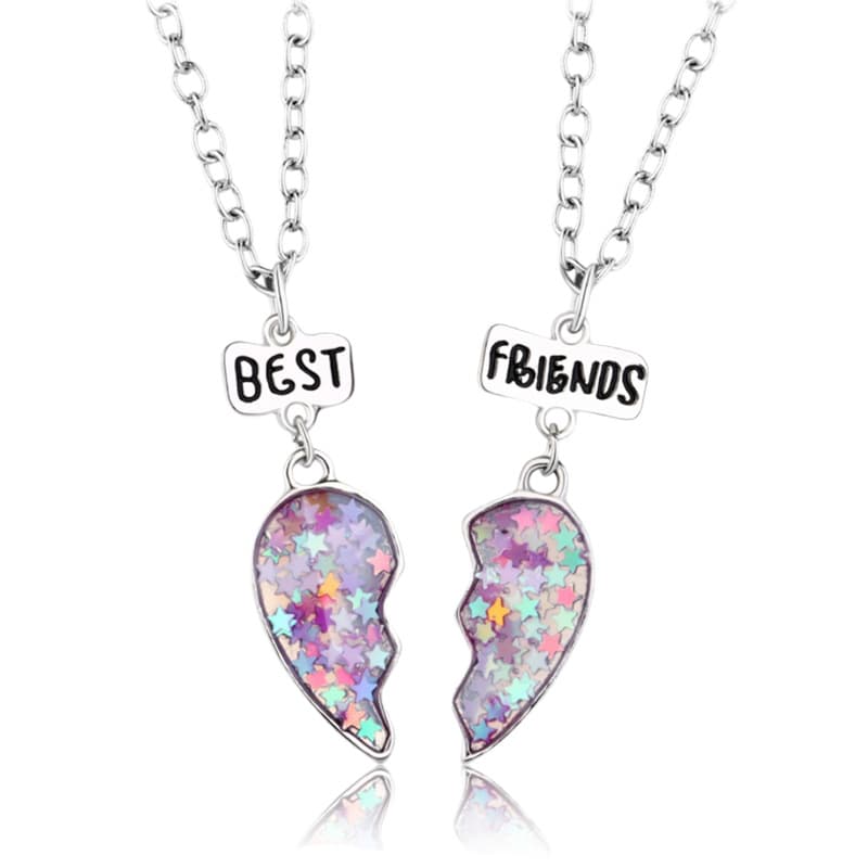 Best Friends Glitter Heart Necklace Set - Matching Star Pendant Jewelry for Girls & Teens