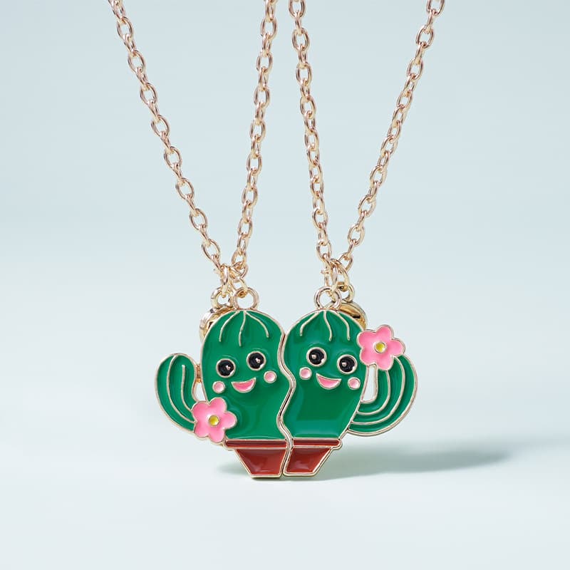 Cactus Best Friend Necklaces - Cute Enamel Pendant Set for Girls & BFFs