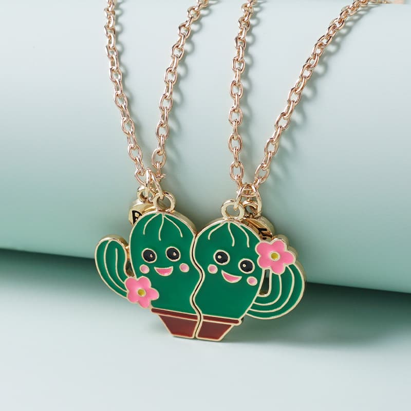 Cactus Best Friend Necklaces - Cute Enamel Pendant Set for Girls & BFFs