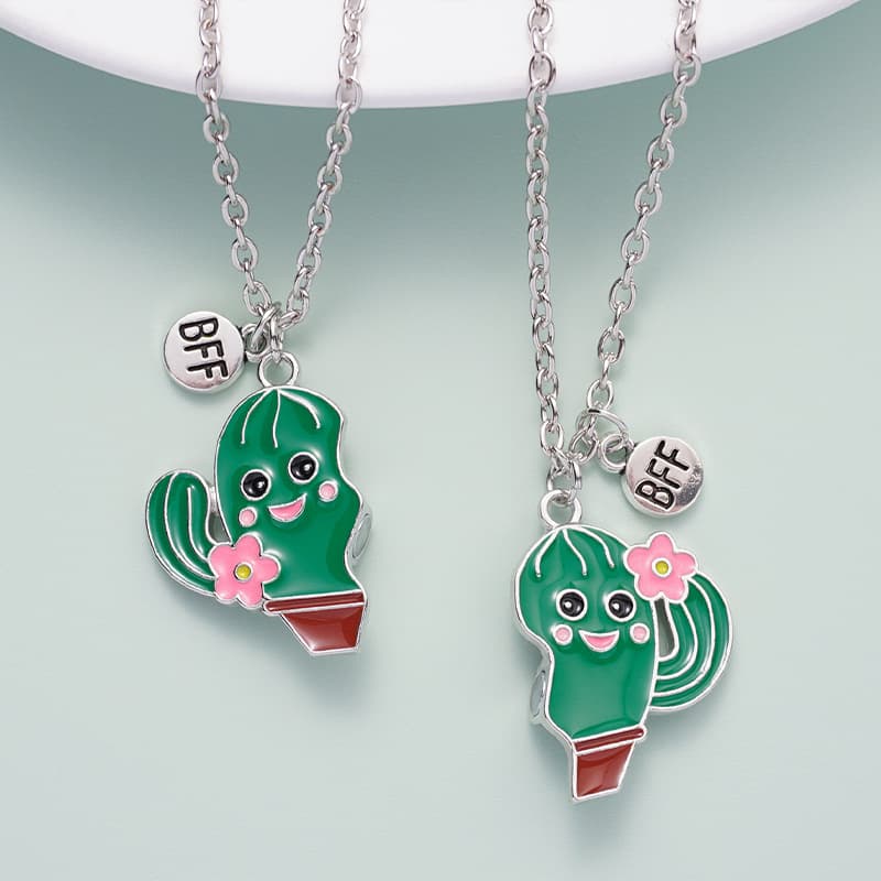 Cactus Best Friend Necklaces - Cute Enamel Pendant Set for Girls & BFFs