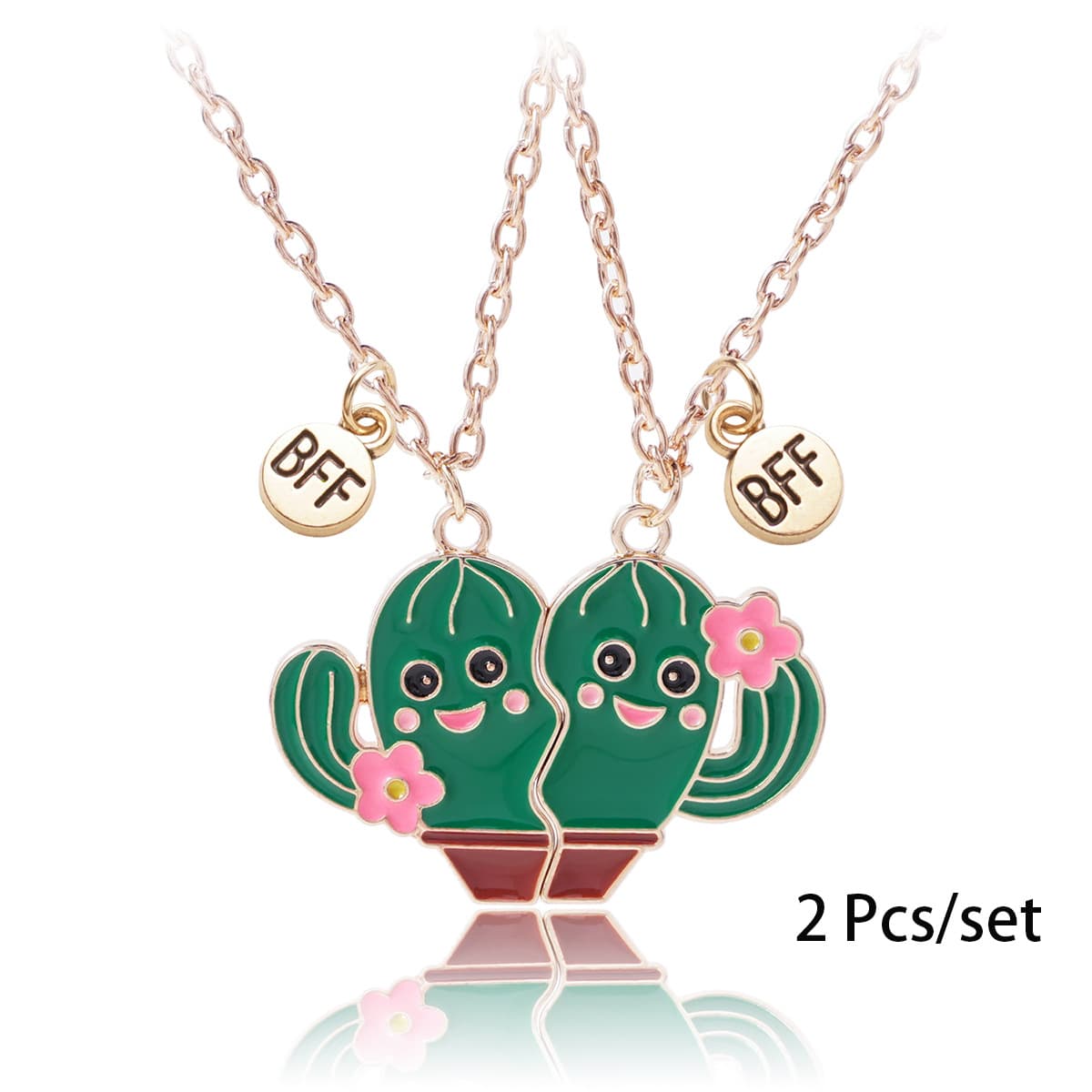 Cactus Best Friend Necklaces - Cute Enamel Pendant Set for Girls & BFFs