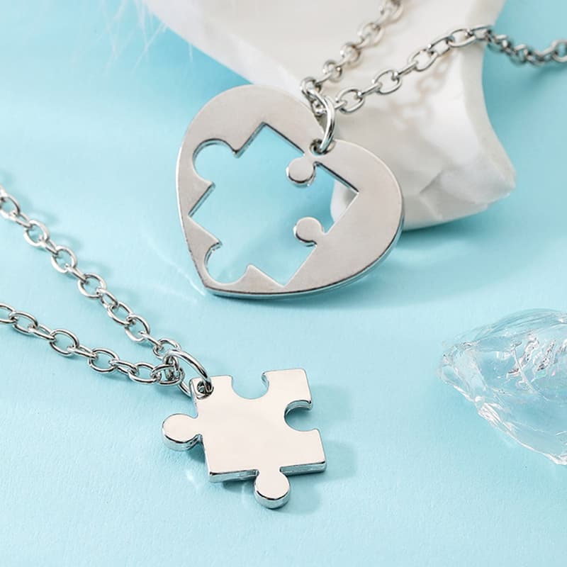 Heart Puzzle Necklace Set for Couples, Custom Engraved Friendship Jewelry