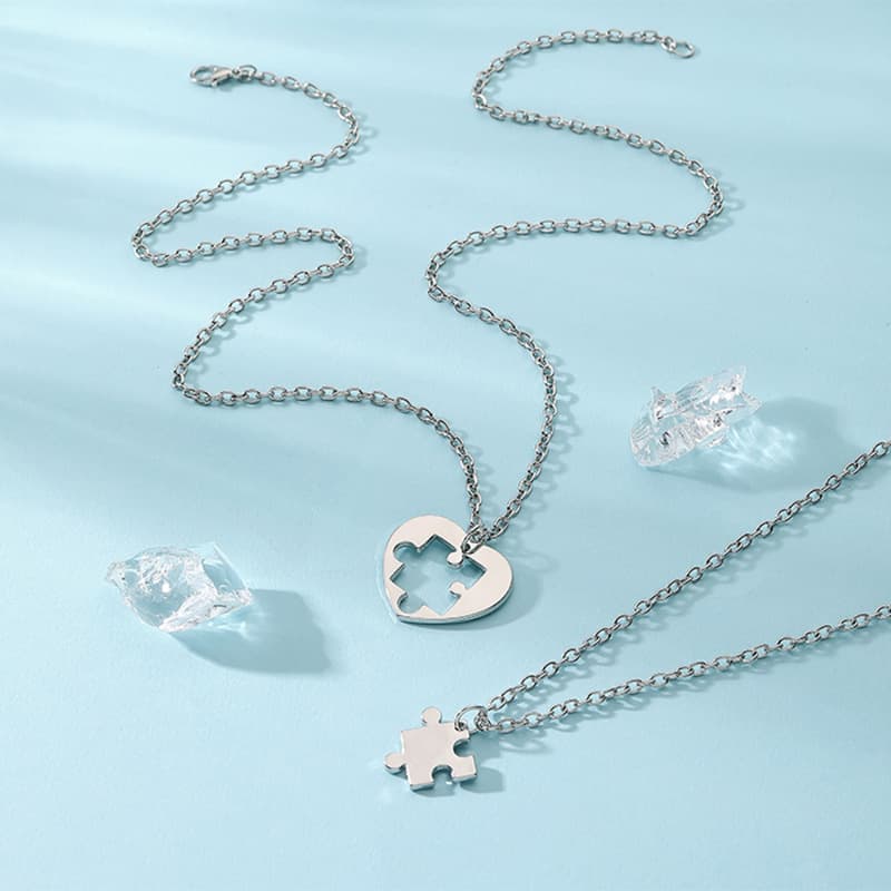 Heart Puzzle Necklace Set for Couples, Custom Engraved Friendship Jewelry