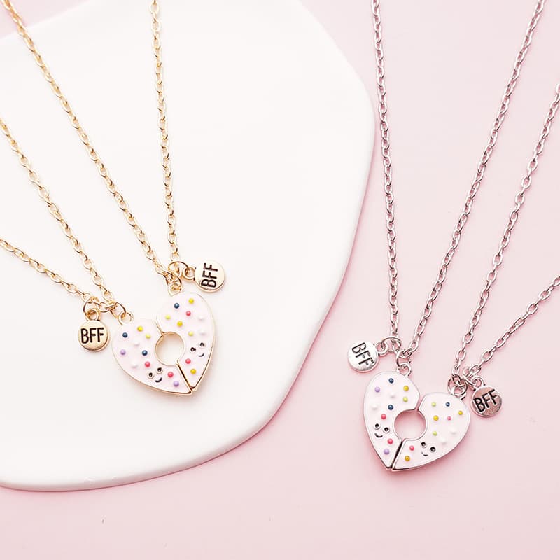 Sweet Donut BFF Necklace Set - Pink Heart Split Pendant for Best Friends