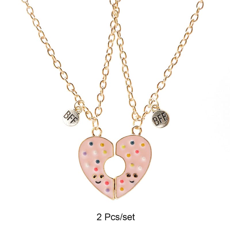 Sweet Donut BFF Necklace Set - Pink Heart Split Pendant for Best Friends