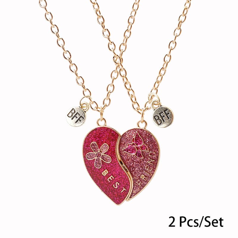 Best Friend Heart Necklace Set - Glitter Pink Magnetic Pendant for Girls & Teens