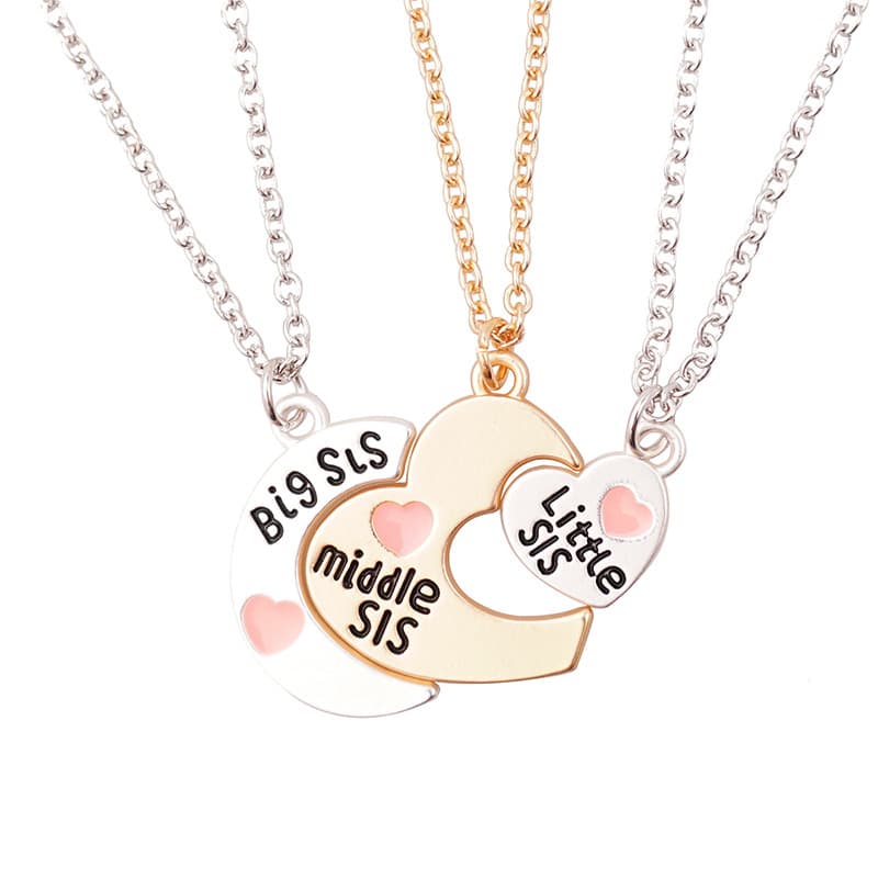 Three Sisters Necklace Set - Big Middle Little Sis Heart Puzzle Jewelry