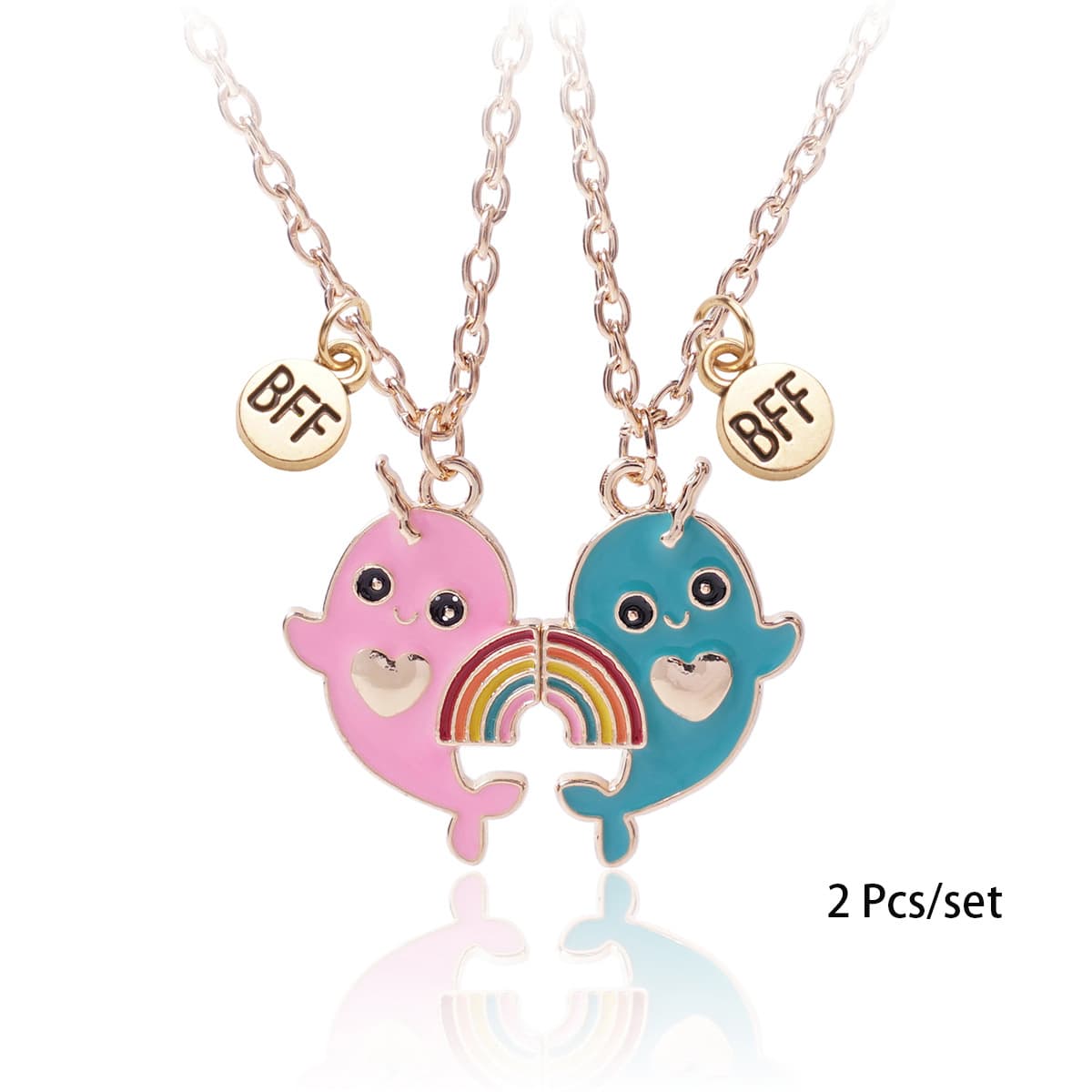 Best Friend Necklaces Set - Cute Narwhal & Rainbow Magnetic Pendant