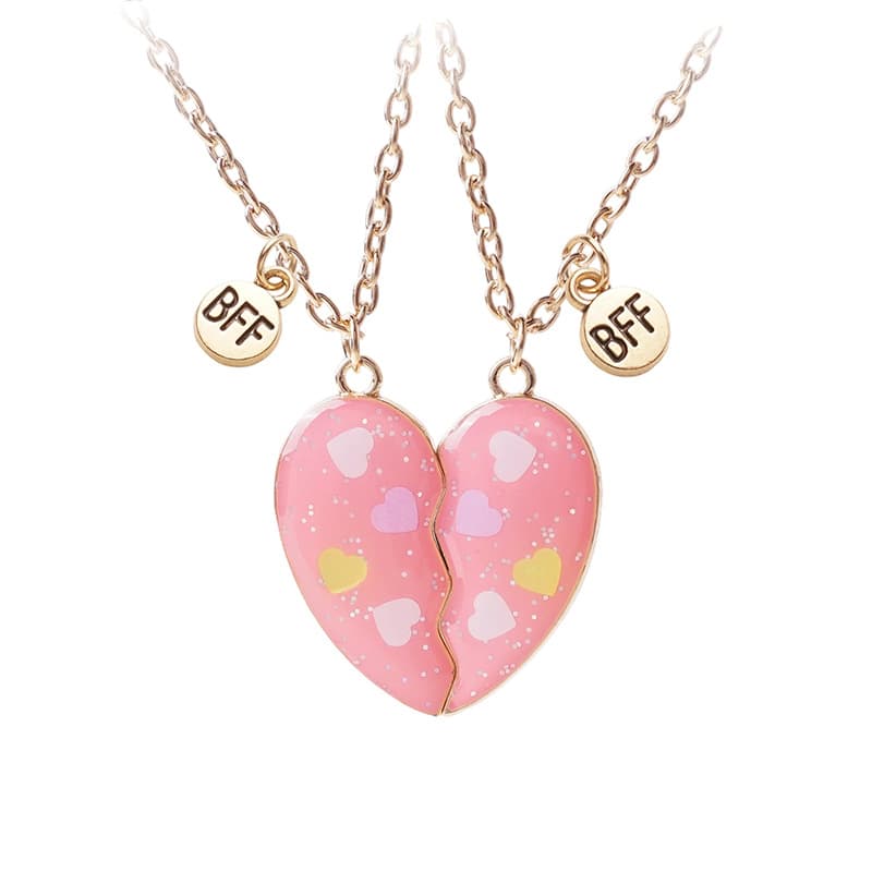 Pink Heart BFF Necklace Set - Cute Magnetic Friendship Jewelry for Besties