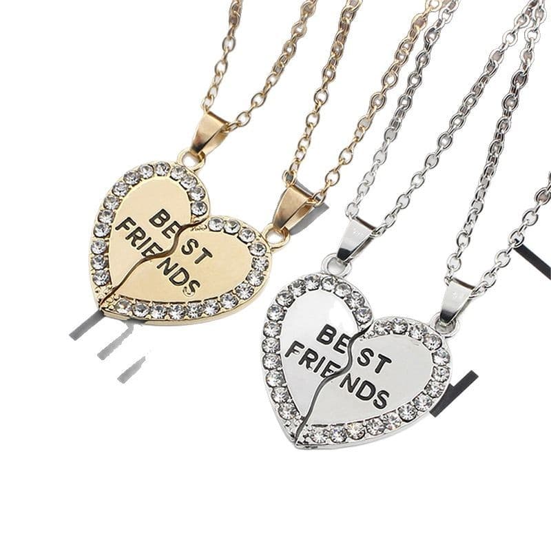 Best Friends Heart Pendant Necklace - Sparkling Rhinestone Matching Set for Girls & Teens