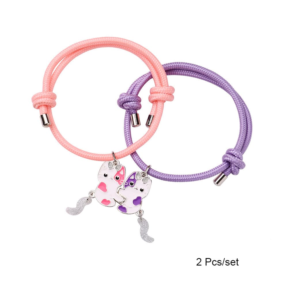 Cute Cat Friends Magnetic Glow Bracelets for Kids, Pink & Purple Set