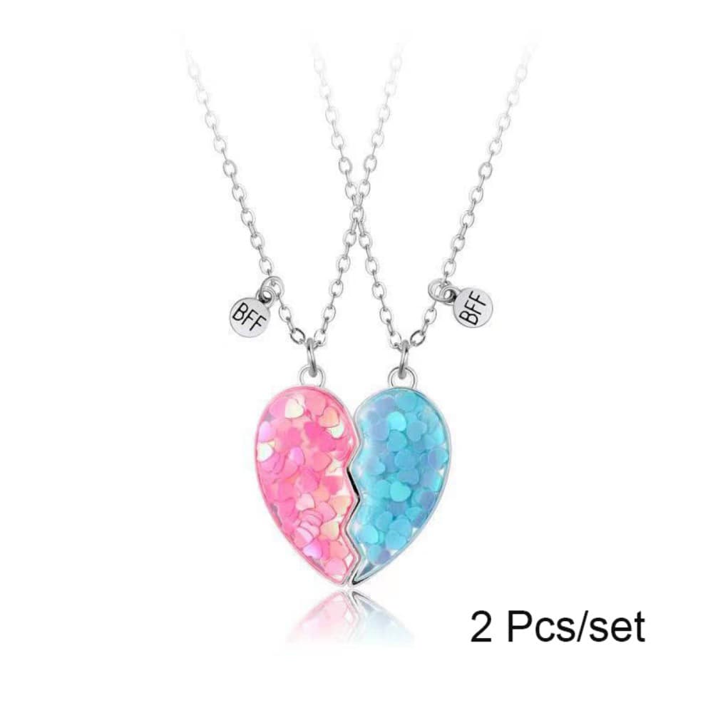 Matching BFF Heart Necklaces - Pink & Blue Sparkle Best Friend Jewelry Set