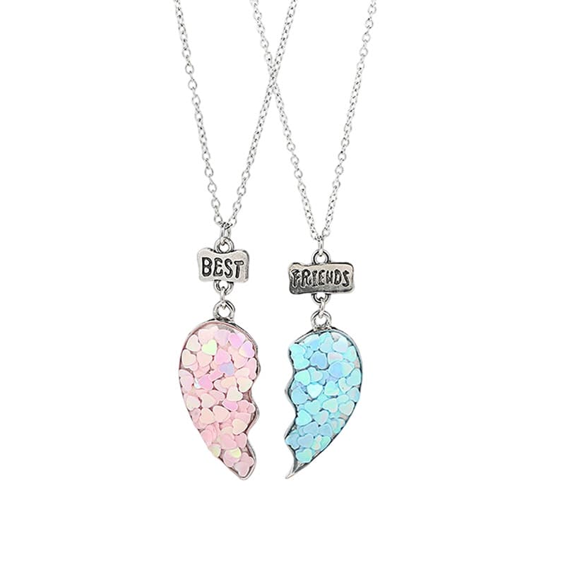 Best Friends Heart Pendant Necklace Set, Sparkly Glitter Half-Heart Jewelry for Girls