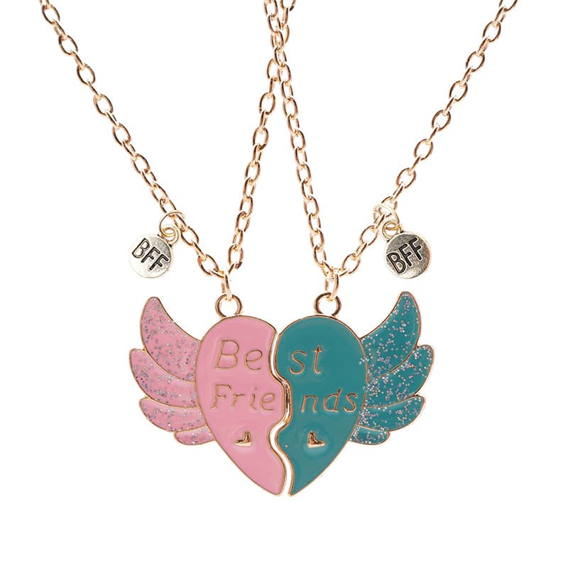 Matching Angel Wing Heart Necklaces for Best Friends BFF Gift Set