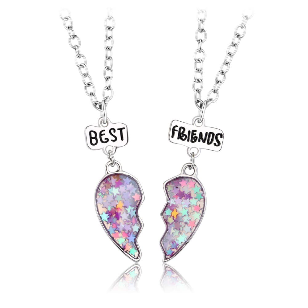 Best Friends Glitter Heart Necklace Set - Matching Star Pendant Jewelry for Girls & Teens