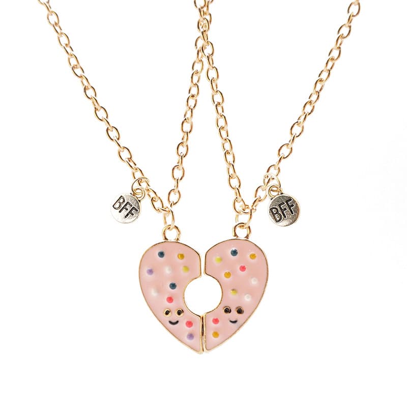 Sweet Donut BFF Necklace Set - Pink Heart Split Pendant for Best Friends