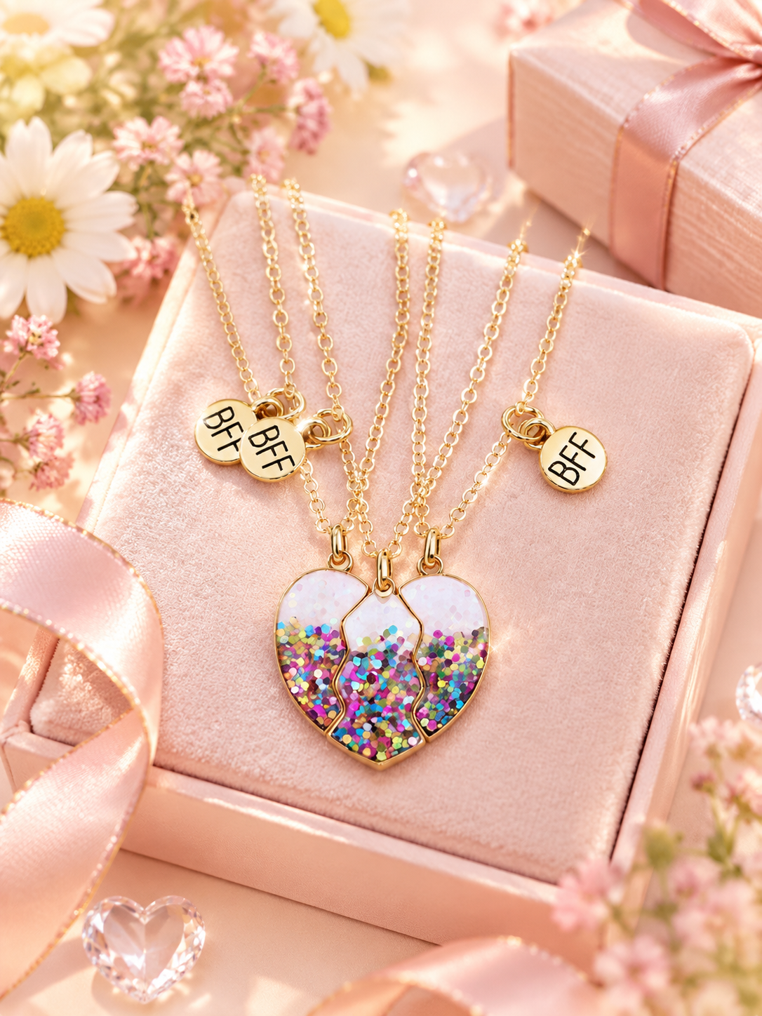 Best Friend Necklaces for 3: Glitter Heart Matching Gift