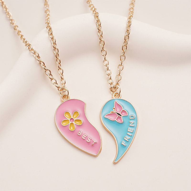 Best Friend Heart Necklace Set - Colorful Butterfly & Flower Enamel Pendant for Girls