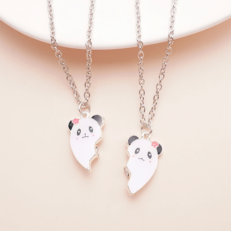 Cute Panda BFF Necklace Set - Heart-Shaped Magnetic Friendship Jewelry for Girls